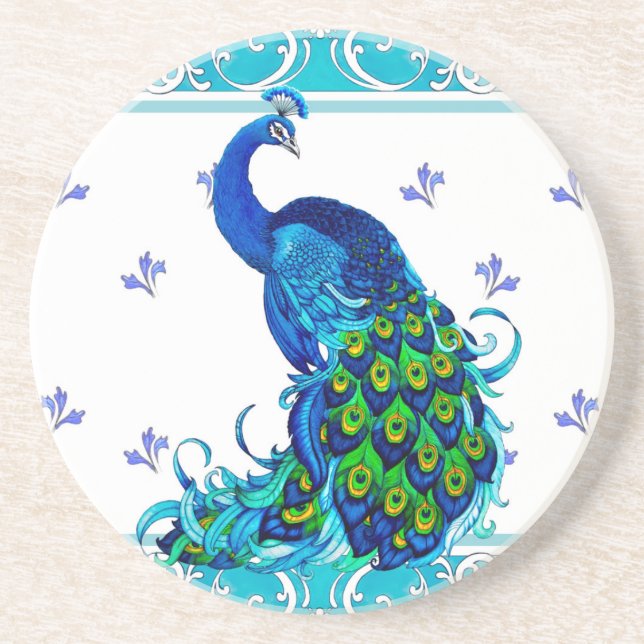 Posavasos Borde giratorio azul y diseño de pavo real (Frente)