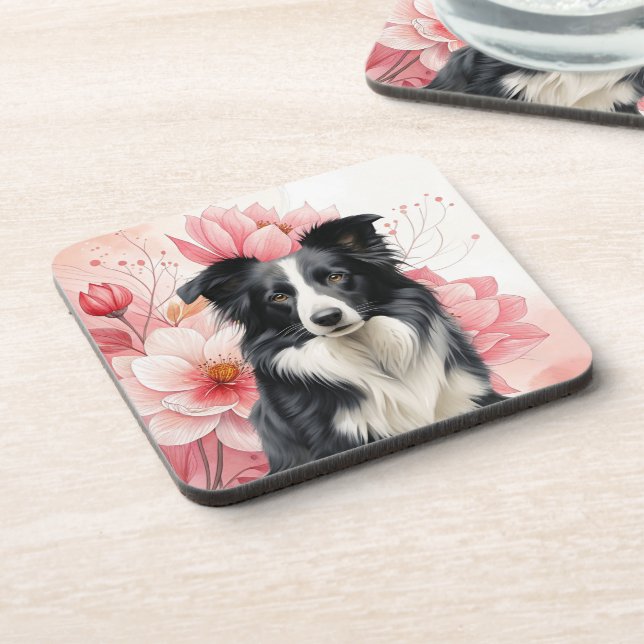 Posavasos Border Collie Dog and Bold Pink Lilies (Lado Izquierdo)