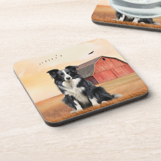 Posavasos Border Collie perro y rancho de granero rojo (Lado Izquierdo)