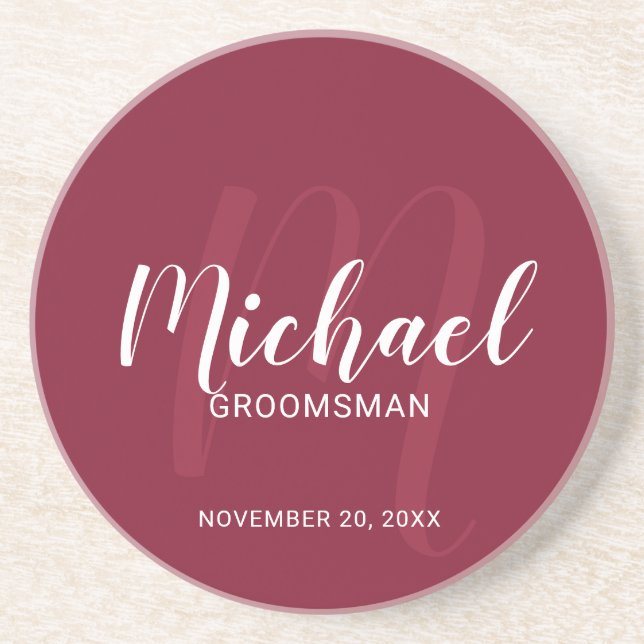 Posavasos Borgoña Rojo Moderno Script Personalizado Groomsme (Frente)