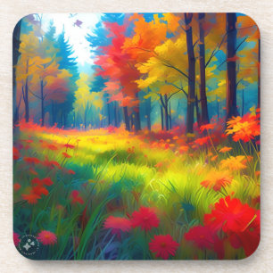 Posavasos Bosque con árboles y flores coloridos