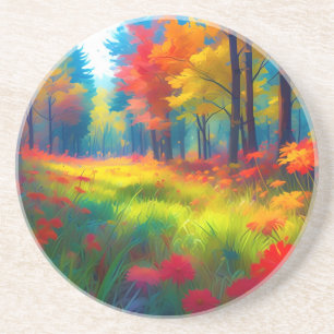 Posavasos Bosque con árboles y flores coloridos
