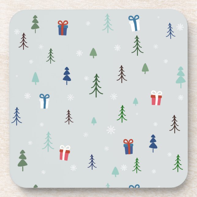 Posavasos Bosque de navidades con regalos y árboles y nieve (Frente)
