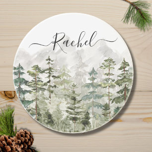 Posavasos Bosque de Pino Verde Monograma Acuarela en Montaña