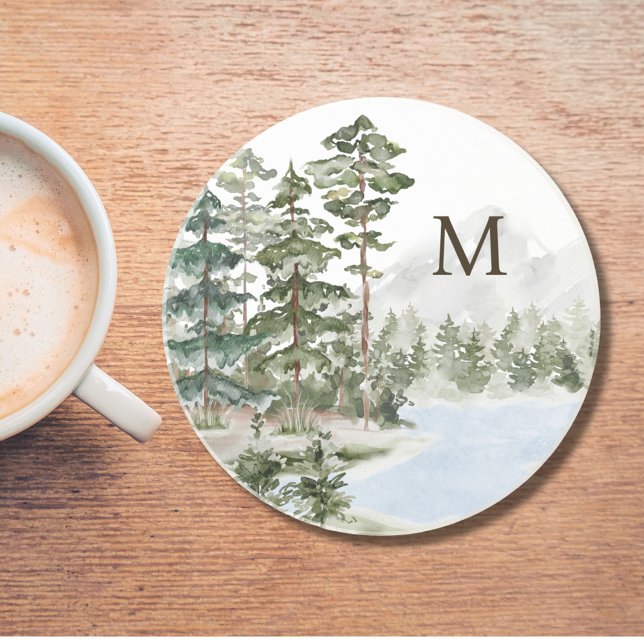 Posavasos Bosque de pino verde monogramado y lago (In situ)