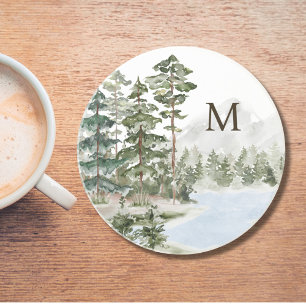 Posavasos Bosque de Pino Verde y Lago Monogramado