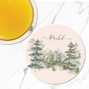 Posavasos Bosque de pino y montaña rústica acuarela