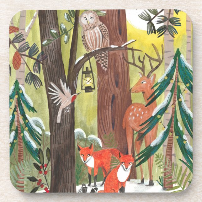 Posavasos Bosque verde con animales de bosque de invierno (Frente)
