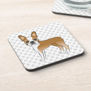Posavasos Boston Terrier Cartoon Perro y Patas Marrón Claro