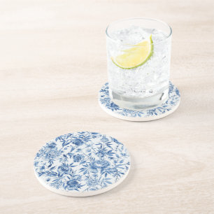 Posavasos Botánico Floral Acuarela Chinoiserie Azul