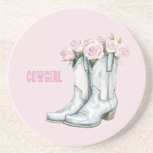 Posavasos Botas vaqueras plateadas con rosas rosadas bonitas
