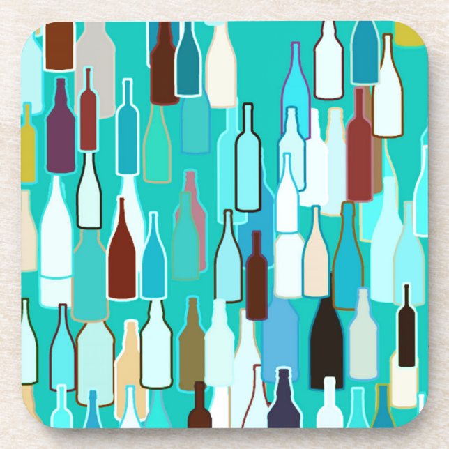 Posavasos Botellas de vino, multicolor, fondo turquesa (Frente)