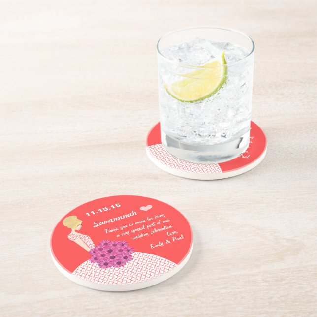 Posavasos Bridesmaid Coral & Pink Floral Gracias (Lado)