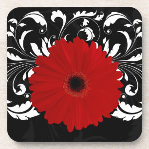 Posavasos Brillante Red Gerbera Daisy sobre negro