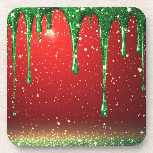 Posavasos Brillo verde que gotea sobre fondo rojo (Frente)