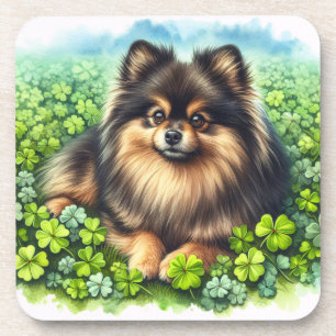Posavasos Brindle Pomeranian Watercolor Clover Shamrock