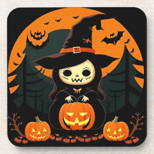 Posavasos Bruja Adorable Sosteniendo Calabaza en Halloween E