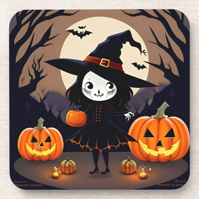 Posavasos Bruja de Halloween con calabazas (Frente)