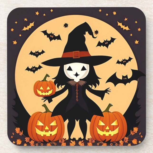 Posavasos Bruja de Halloween con calabazas (Frente)