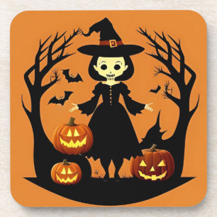 Posavasos Bruja de Halloween con calabazas en un entorno esp
