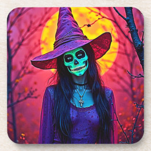 Posavasos Bruja de Halloween con diseño de cara de cráneo
