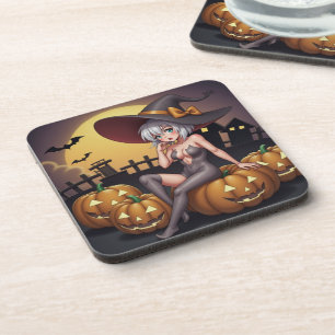 Posavasos Bruja de Halloween con ojos verdes sobre Jack-O-La