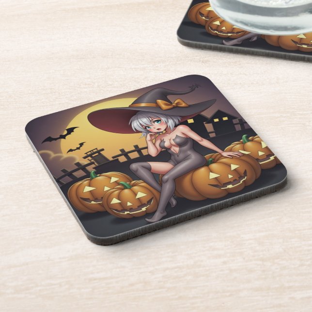 Posavasos Bruja de Halloween con ojos verdes sobre Jack-O-La (Lado Izquierdo)