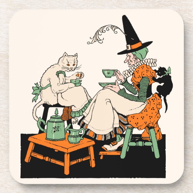 Posavasos bruja de Halloween de los años 30 que comparte té (Frente)