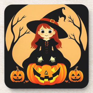Posavasos Bruja en un entorno de Halloween con calabazas