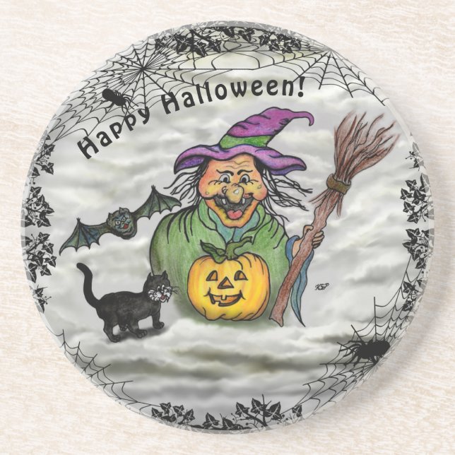 Posavasos Bruja, gato, murciélago y calabaza, ¡Feliz Hallowe (Frente)