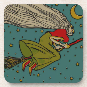 Posavasos Bruja malvada de Halloween vintage volando en esco