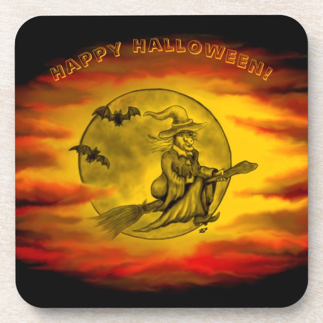 Posavasos Bruja voladora con gato negro, noche de halloween (Frente)