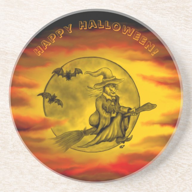 Posavasos Bruja voladora con gato negro, noche de halloween (Frente)