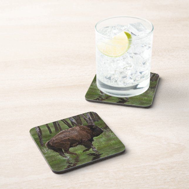 Posavasos Búfalo y bosque en funcionamiento, diseño de Bison (Lado Derecho)