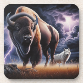 Posavasos Búfalo y lobo en una tormenta de lluvia relámpago