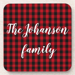 Posavasos Buffalo Plaid with Family Name Beverage Coaster