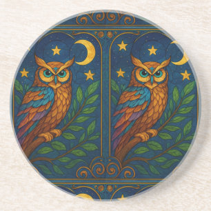 Posavasos Búho de Vidrio Pintado Bajo la Luna y las Estrella