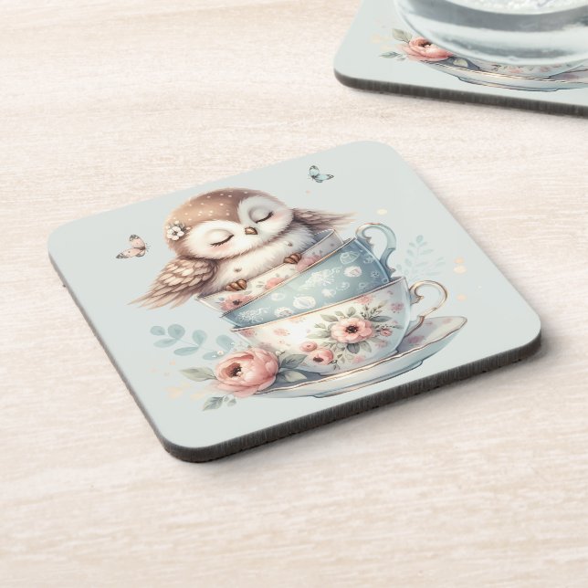 Posavasos Búho durmiendo en tazas de té florales apiladas (Lado Izquierdo)