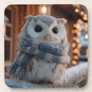 Posavasos Búho pequeño y lindo con bufanda de invierno tejid