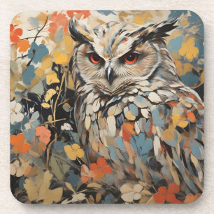 Posavasos Búho y flores en pintura de primavera