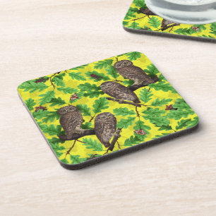 Posavasos Búhos en el bosque sobre amarillo limón