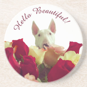 Posavasos Bull terrier con saludo de rosas - Hola hermosa