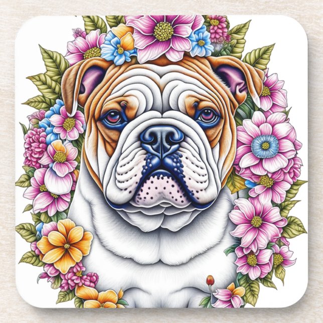 Posavasos Bulldog de arte Ai rodeado de flores musicales (Frente)
