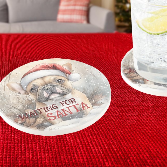 Posavasos Bulldog francés esperando la acuarela de Santa Dog (French Bulldog Waiting For Santa Dog Watercolor Coaster - Personalize the message)