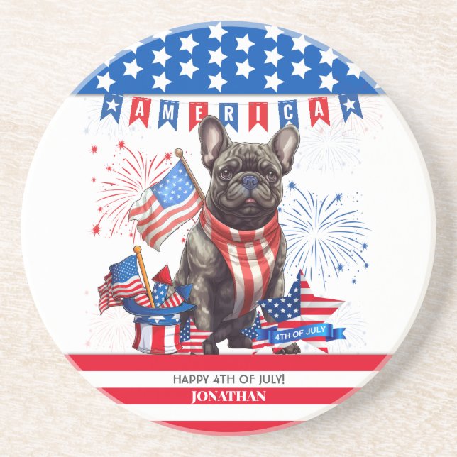 Posavasos Bulldog Francés Feliz 4 De Julio Patriótico Estado (Frente)