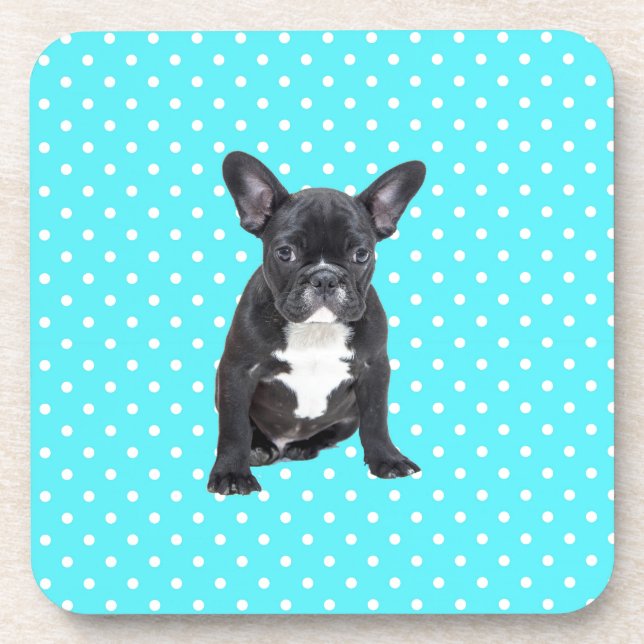 Posavasos Bulldog francés lindo con puntos de polka azul (Frente)