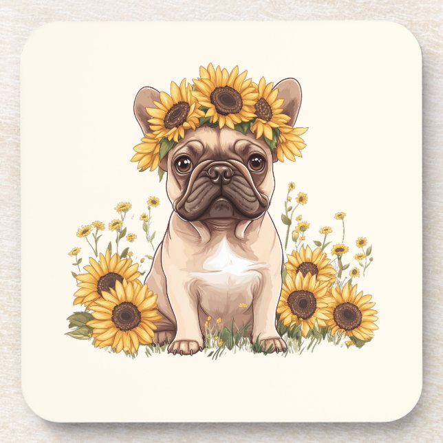 Posavasos Bulldog francés rodeado de girasoles (Frente)