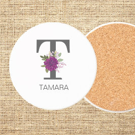 Posavasos Burgundy Dahlia Floral Alphabet Letter Monogram  