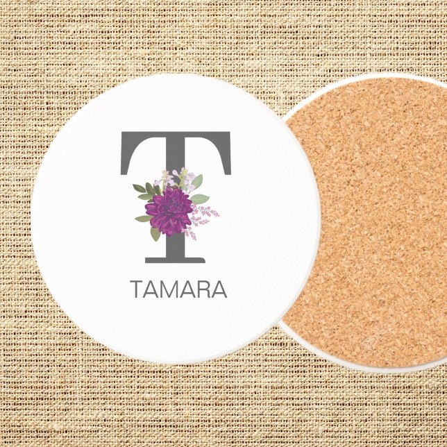 Posavasos Burgundy Dahlia Floral Alphabet Letter Monogram   (Subido por el creador)