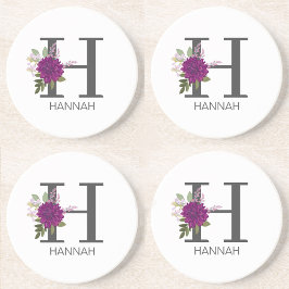 Posavasos Burgundy Dahlia Floral Alphabet Letter Monogram  